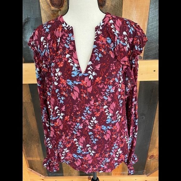 NWT a. new day v neck long sleeved top with ruffles, 100% rayon, size M - Picture 1 of 7